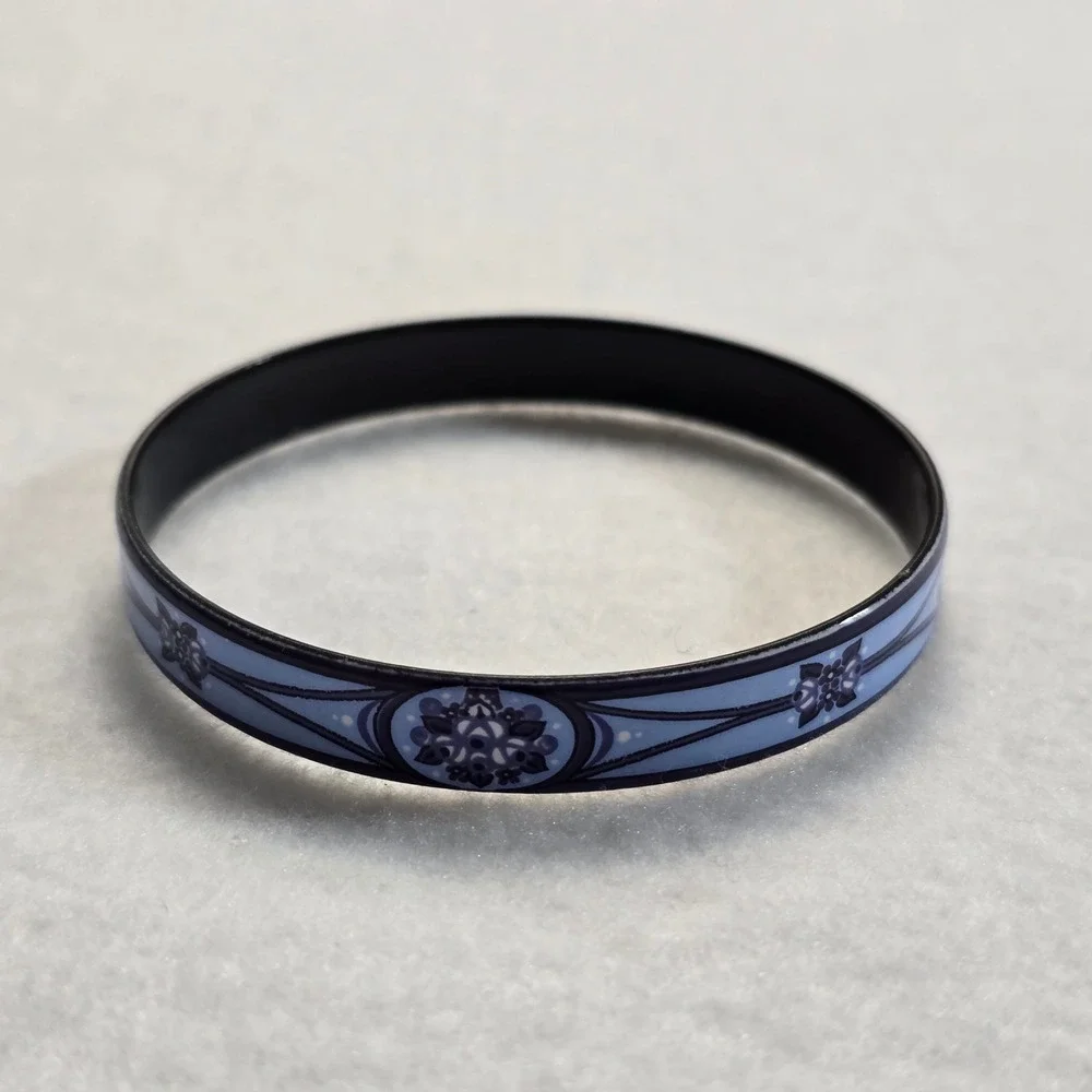 Michaela Frey Vintage Blue Floral Enamel Bangle Bracelet Austria 7.5 Inch